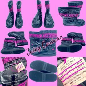 EUC JUICY COUTURE KISSIE BLACK WITH PINK LETTERING WOMENS BOOTS SIZE 8